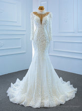 White Mermaid Tulle High Neck Long Sleeve Appliques Wedding Dress